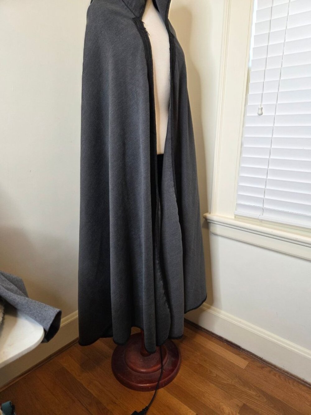 Hooded Full-Length CAPE Cloak Gray Black Trim Tassel Whimsy Goth Fairy Cosplay